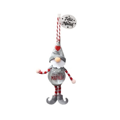 Boneco decorativo de Natal cinzento e vermelho com texto Feliz Natal MATILDE