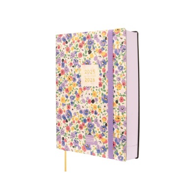 Agenda com capa floral colorida e elástico roxo