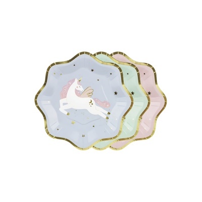 Conjunto de pratos de papel com unicórnio e bordas douradas