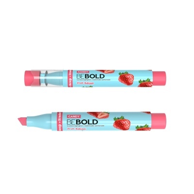 Batom BE BOLD sabor CANDY com embalagem azul claro e rosa e morangos