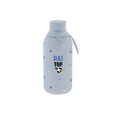 Garrafa isotérmica azul claro decorada com planetas e foguetes com texto PAI TOP.