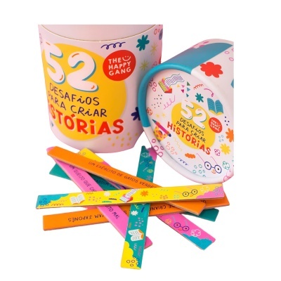 Conjunto colorido de 52 desafios para criar histórias em caixa cilíndrica