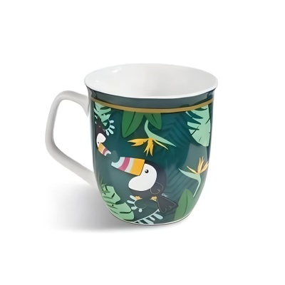 Caneca de cerâmica com padrão de tucanos e folhas tropicais