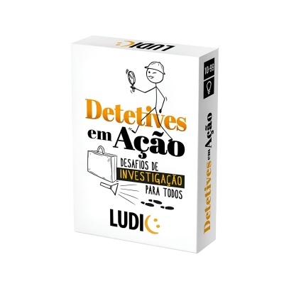 Caixa branca com texto e ilustração de detetive e mala, jogo Detetives em Ação