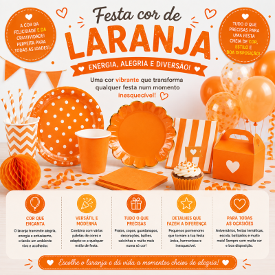 Artigos para festa cor laranja com pratos, copos, guardanapos, decorações e balões