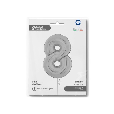 Balão prateado em forma do número 8 em embalagem de plástico branco
