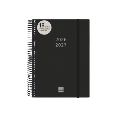 Agenda negra de capa dura com espiral e elástico com texto 2026 2027