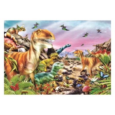 Ilustração de dinossauros em ambiente natural com vegetação e céu colorido