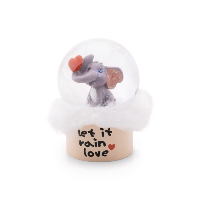 Globo de neve com elefante cinzento e base bege com pelo branco