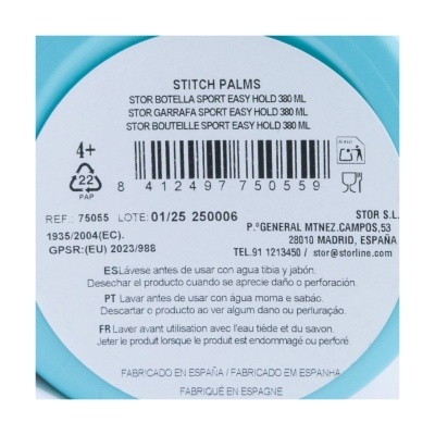 Etiqueta redonda branca com texto preto numa tampa azul claro