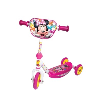 Triciclo infantil rosa com estampas da Minnie e detalhes amarelos e brancos