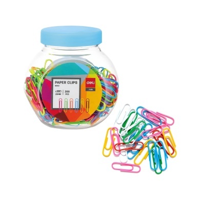 Pote plástico com clips coloridos de papel