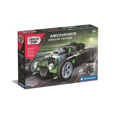 Caixa de kit educativo MECHANICS VEÍCULOS VELOZES com imagem de veículo verde e preto