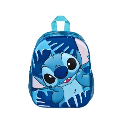 Mochila infantil azul com estampa do personagem Stitch e alças ajustáveis