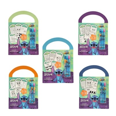 Cinco conjuntos de blocos de colorir Disney Stitch com canetas coloridas e alças coloridas.