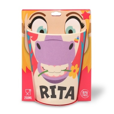 Copo infantil plástico com desenho de animal e nome RITA