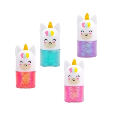 Quatro vernizes com tampa de unicórnio e glitter em várias cores