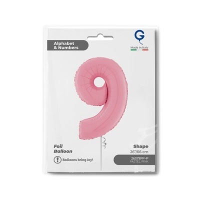 Balão em forma de número 9 rosa pastel embalado