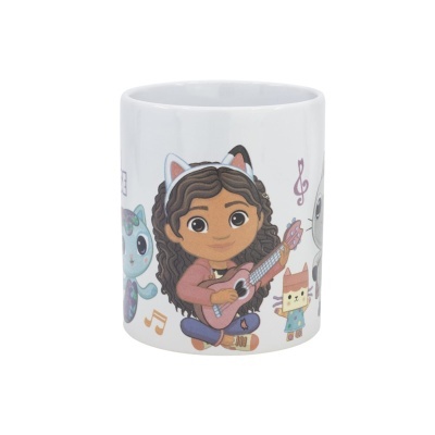 Caneca branca com desenho de personagens animados e notas musicais