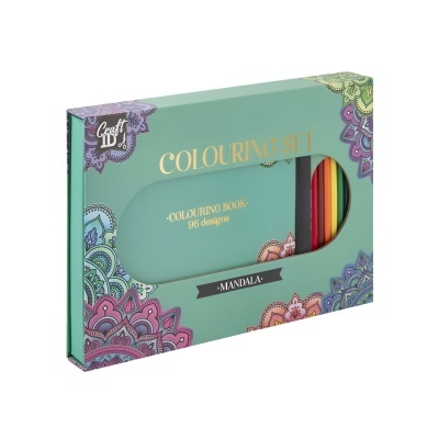 Conjunto Colouring Set Mandala com livro e lápis de cor em embalagem verde com padrões mandala