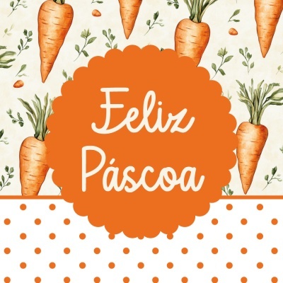 Padrão de cenouras com texto Feliz Páscoa em fundo laranja e bolinhas laranja em fundo branco.
