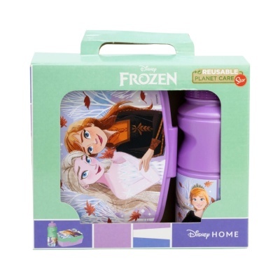 Conjunto de lancheira e garrafa Disney Frozen com imagem de Anna e Elsa em embalagem verde clara