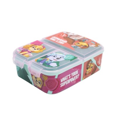 Marmita plástica com divisórias e personagens de desenho animado.