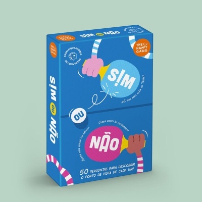 Caixa de jogo SIM ou NÃO azul com texto e ilustrações de mãos segurando balões
