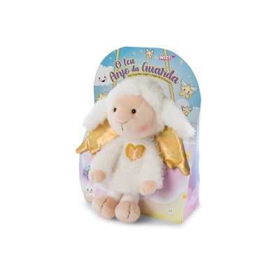 Pelúcia de carneiro anjo branco com asas douradas na embalagem colorida