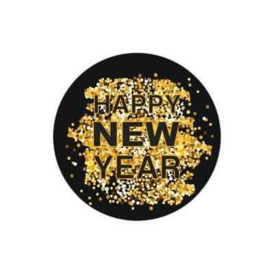 Círculo preto com texto 'HAPPY NEW YEAR' e confetes dourados e prateados