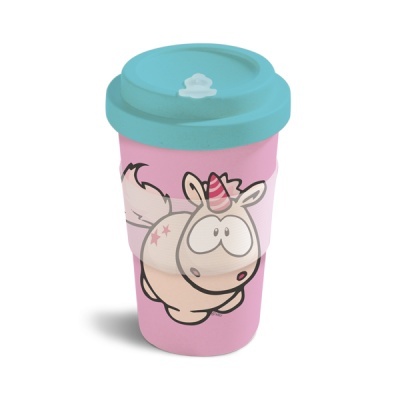 Copo reutilizável rosa com tampa azul claro e desenho de unicórnio