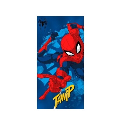 Toalha de banho azul com desenho do Homem-Aranha em pose dinâmica e texto amarelo TAWIP
