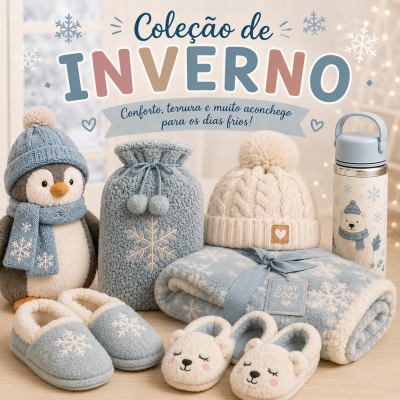 Conjunto de artigos de inverno com pinguim de pelúcia, gorro creme, manta azul, pantufas e garrafa térmica decorada
