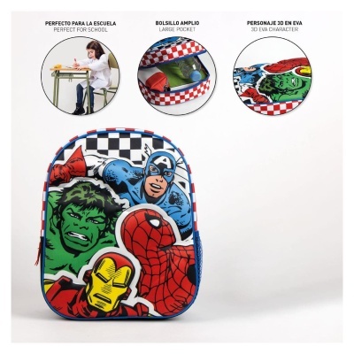 Mochila colorida com personagens da Marvel em 3D e padrão quadriculado