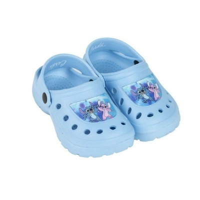 Sapatos clogs azuis com personagens Stitch e Angel na frente