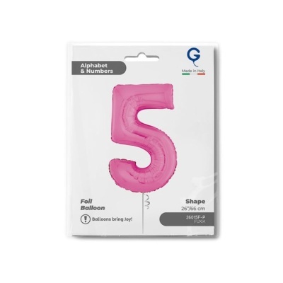 Balão foil fúcsia em forma do número 5 em embalagem branca com texto