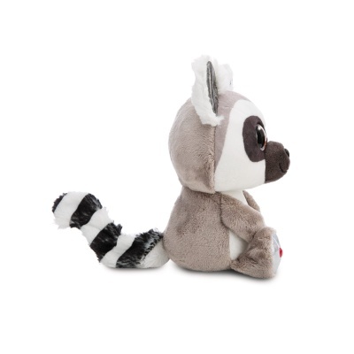 Pelúcia de lémure cinzento e branco sentado com cauda às riscas e olhos grandes