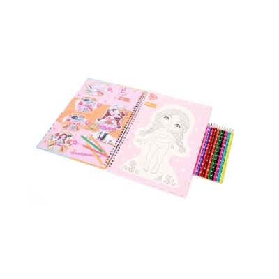 Livro de colorir com desenho de boneca e lápis de cor