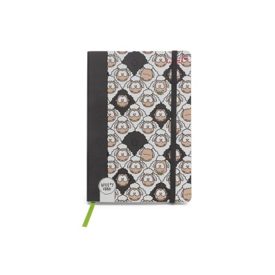 Caderno capa dura com padrão de ovelhas e elástico preto