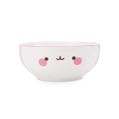 Tigela branca de cerâmica com rosto minimalista e borda rosa