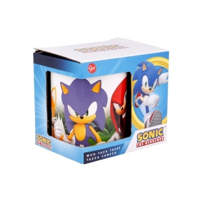 Caneca de cerâmica branca com personagens Sonic em caixa azul
