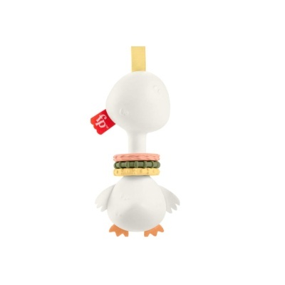 Brinquedo para bebé em forma de pato branco com anéis coloridos ao pescoço