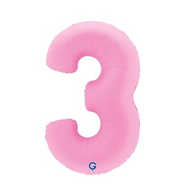 Balão insuflável número 3 rosa com logótipo azul sobre fundo branco