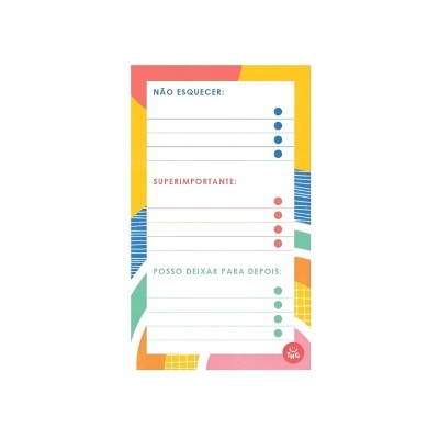 Bloco de notas para organização com três categorias e pontos coloridos