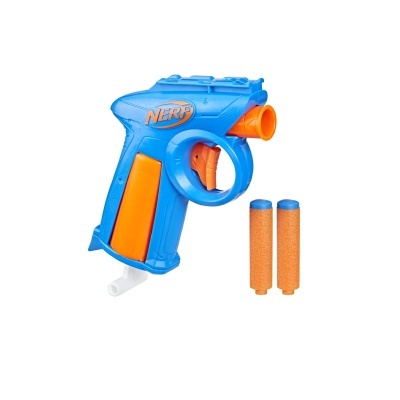 Arma de brinquedo Nerf azul com dois dardos de espuma laranja e azul