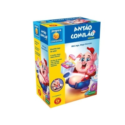 Embalagem colorida de jogo infantil Antão Comilão Junior com porco e donuts