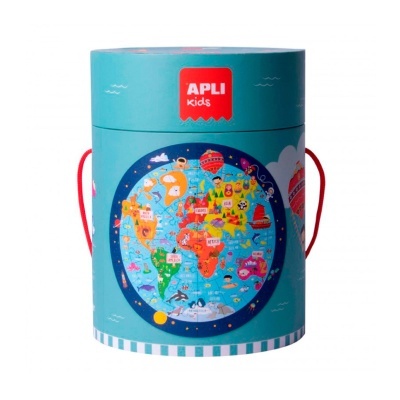 Embalagem azul claro com mapa-mundo infantil e logo APLI kids