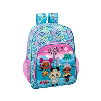 Mochila colorida com padrão de corações e personagens animadas