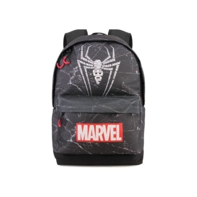 Mochila preta com design Spider-Man e logo Marvel em vermelho.
