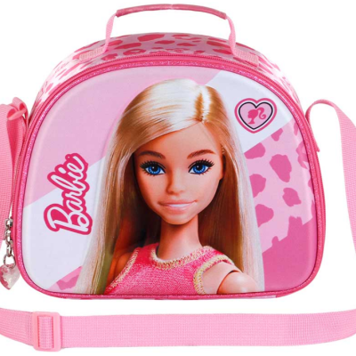 Mala rosa com estampa da boneca Barbie loira e texto Barbie